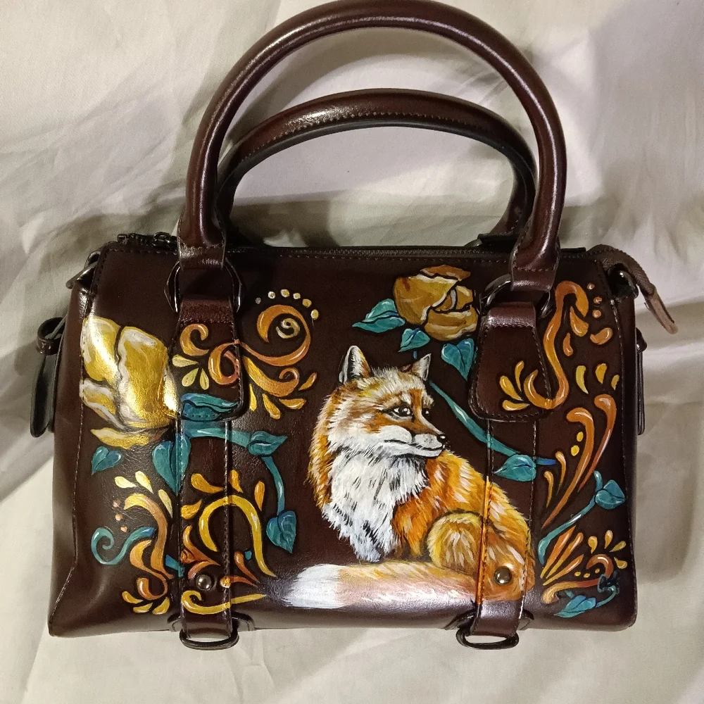 Unique HAND PAINTED Genuine LEATHER Brown *NWT* Handbag Orange Fox Gold Flowers - Picture 1 of 12